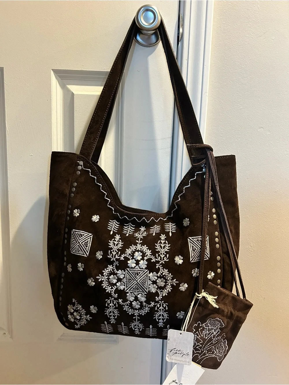 Free People Eden Embroidered Suede Tote + Eden Mini Pouch in Espresso